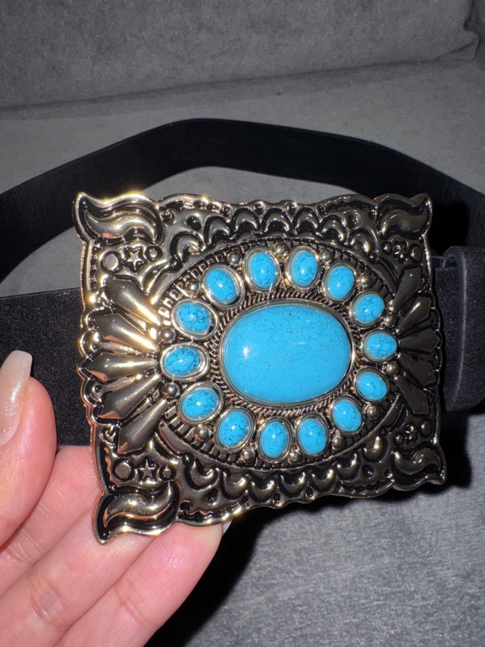 Turquoise Stone Concho Black Velvet Belt - Picture 4 of 10